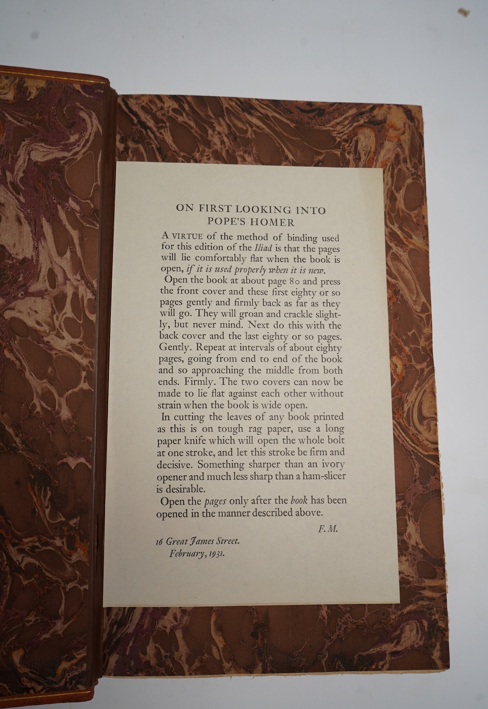 Homer - The Iliad The Odyssey. (Translated by) Pope. 2 vols. title and text decorations; original gilt ruled tan morocco, panelled spines gilt lettered direct, gilt tops and other edges rough trimmed, marbled e/ps. roy.